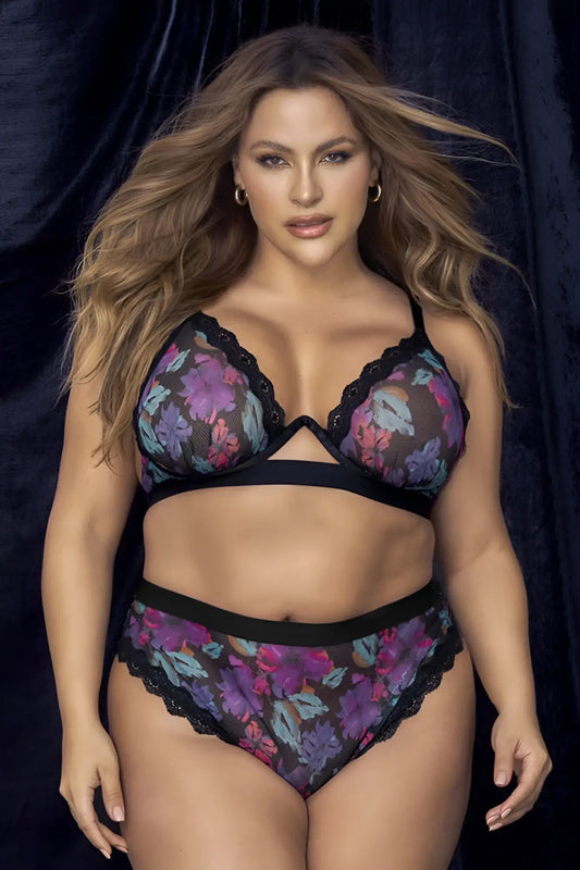Mapale 8771X two piece set black lace trim floral bra and matching panties with purple pink and teal blossoms