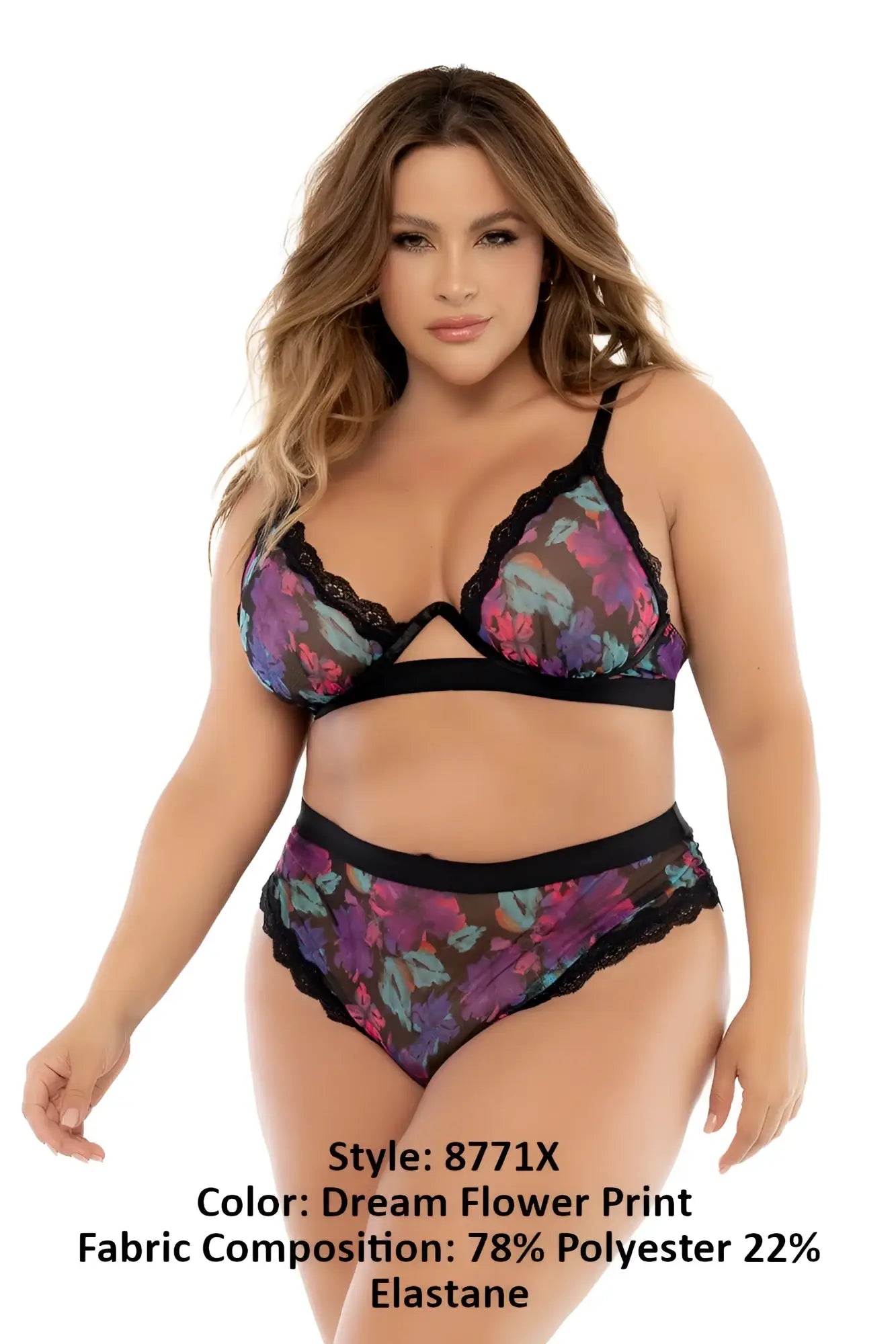 Black lace-trimmed plus-size lingerie set with vibrant dream flower print in purple pink and teal by Mapale 8771X