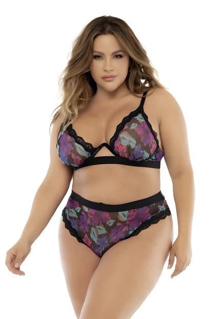 Mapale 8771X two piece set purple and pink floral lace bra with black trim for a dream flower print look