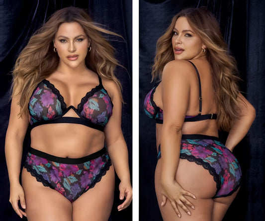 Mapale 8771X two piece lingerie set with purple and teal floral print and black lace trim in dream flower colors