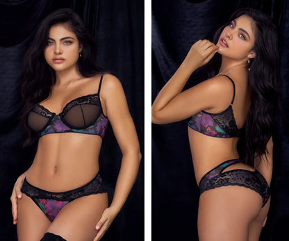 Mapale 8772 two piece set with black lace bra and panties featuring vibrant purple and teal floral print