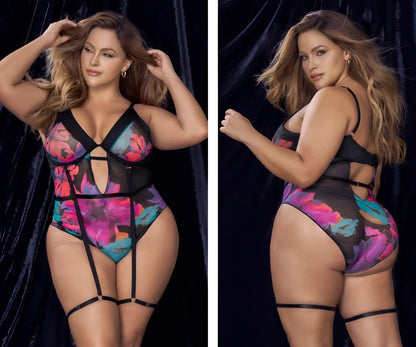 Black one-piece Mapale 8774X teddy with vibrant pink purple teal floral print and adjustable black straps