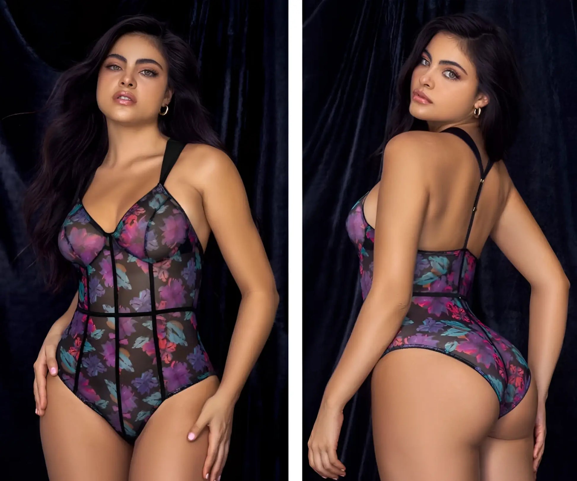 Mapale 8775 teddy sheer black bodysuit with vibrant purple pink teal floral print and black lace-up front detailing