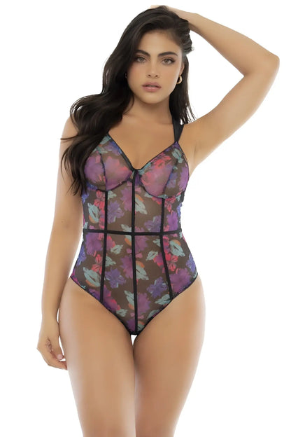Mapale 8775 teddy sheer floral pattern bodysuit with black lace trim and corset style front in color dream flower print