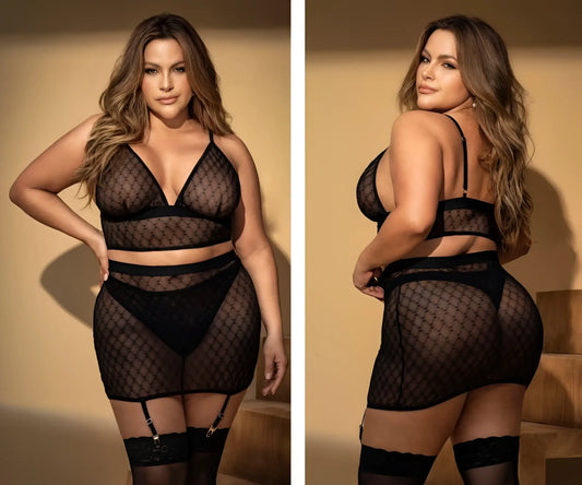 Mapale 8776X three piece set black mesh lingerie with diamond pattern and lace trim