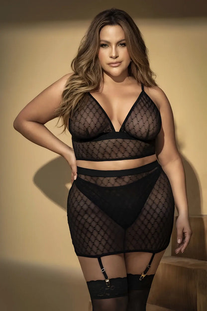 Mapale 8776X three piece set black sheer mesh lingerie with diamond pattern and lace trim front view