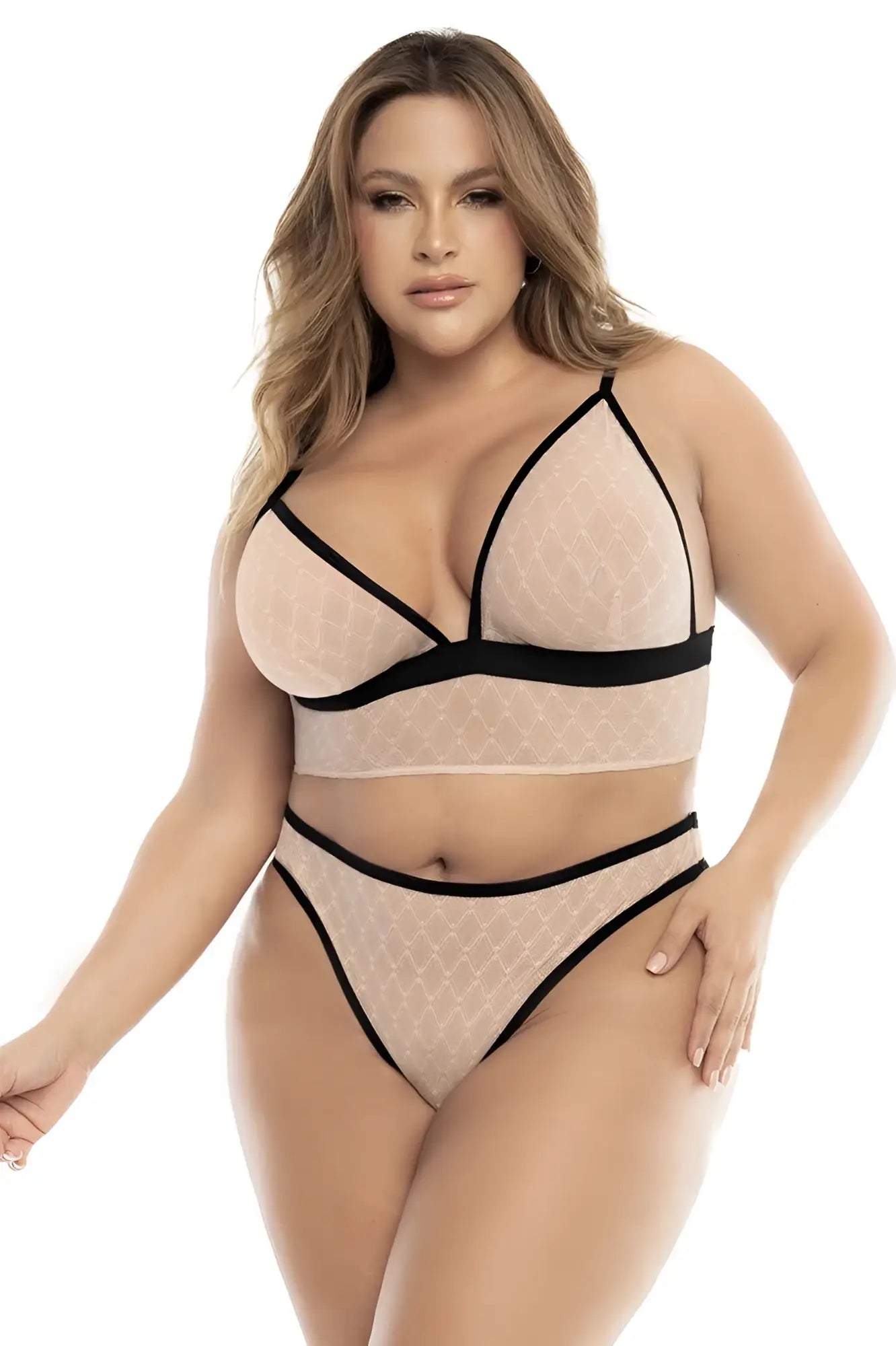 Beige lace bra and matching high-waisted panties with black trim from mapale 8776x three piece set nude-black