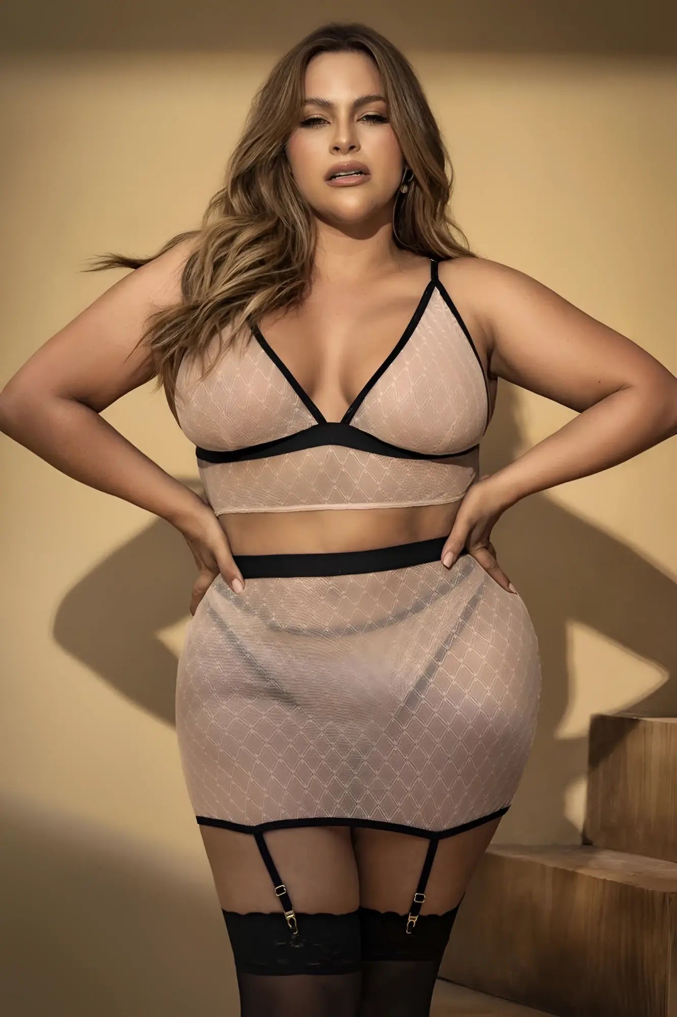 Beige mesh two-piece lingerie set with black trim and garter straps from mapale 8776x three piece set nude-black