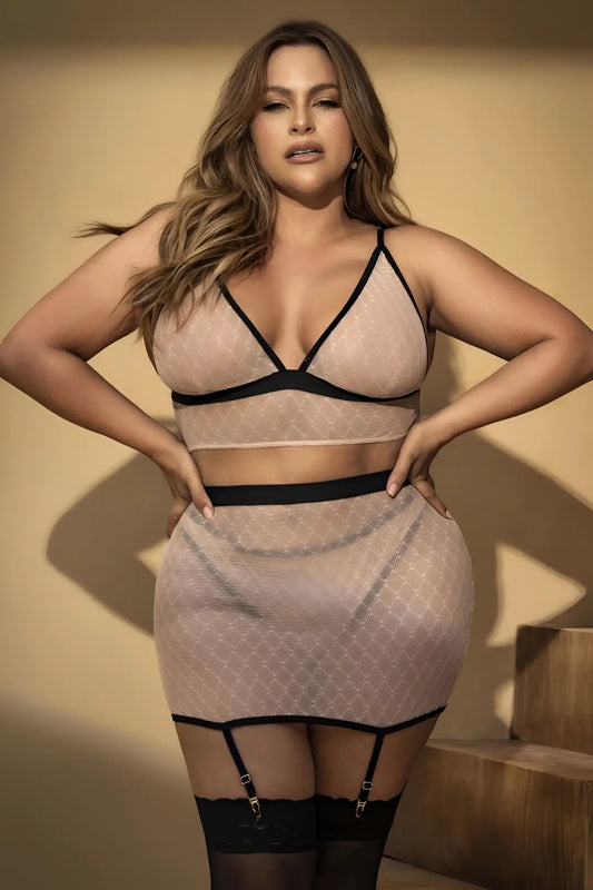 Beige mesh two-piece lingerie set with black trim and garter straps from mapale 8776x three piece set nude-black