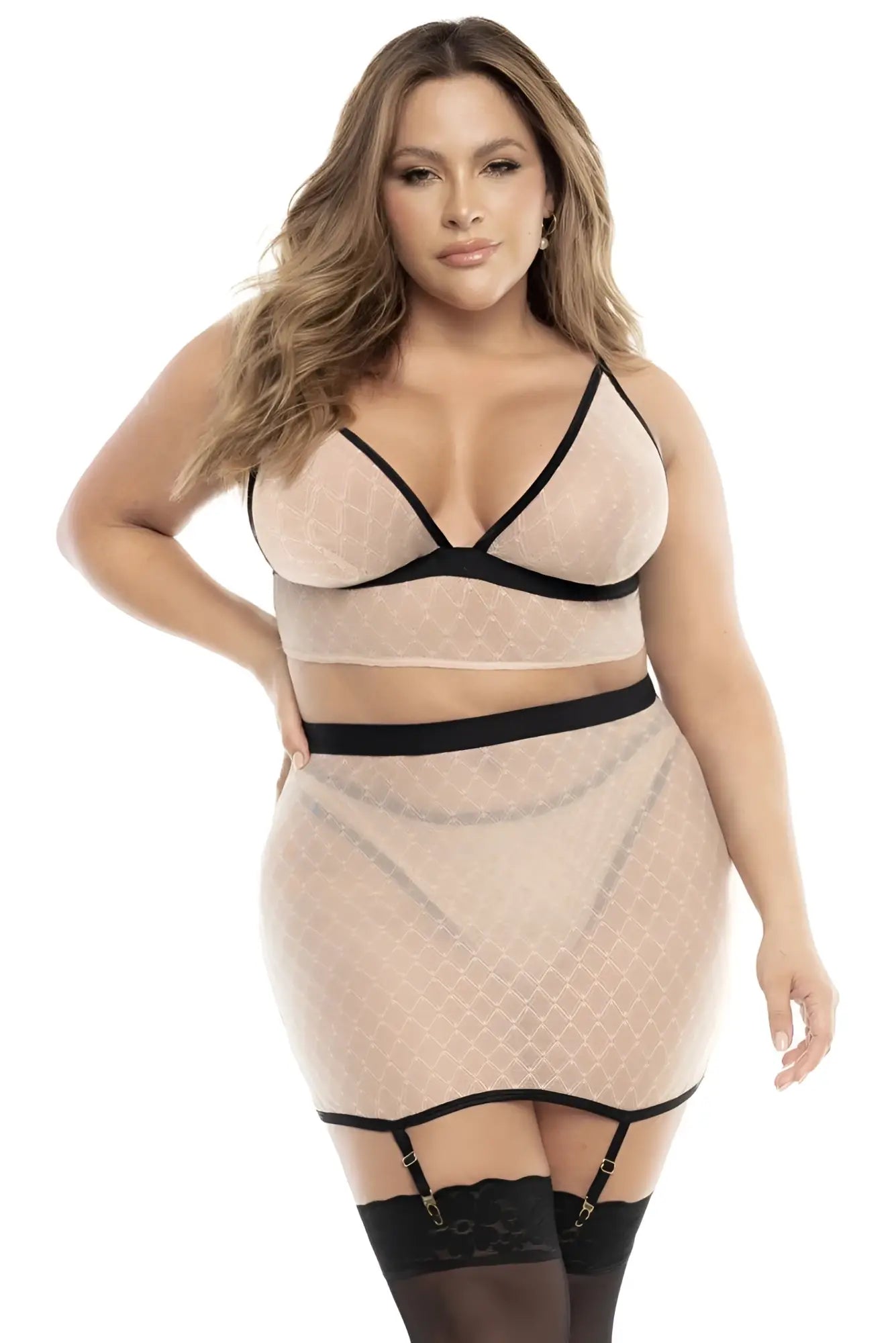 Beige sheer mesh two-piece lingerie set with black trim and lace detailing from Mapale 8776X three piece set