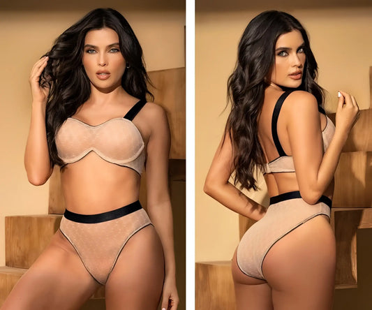 Beige lace bra and matching high-waisted briefs with black satin trim in Mapale 8779 two piece set nude-black