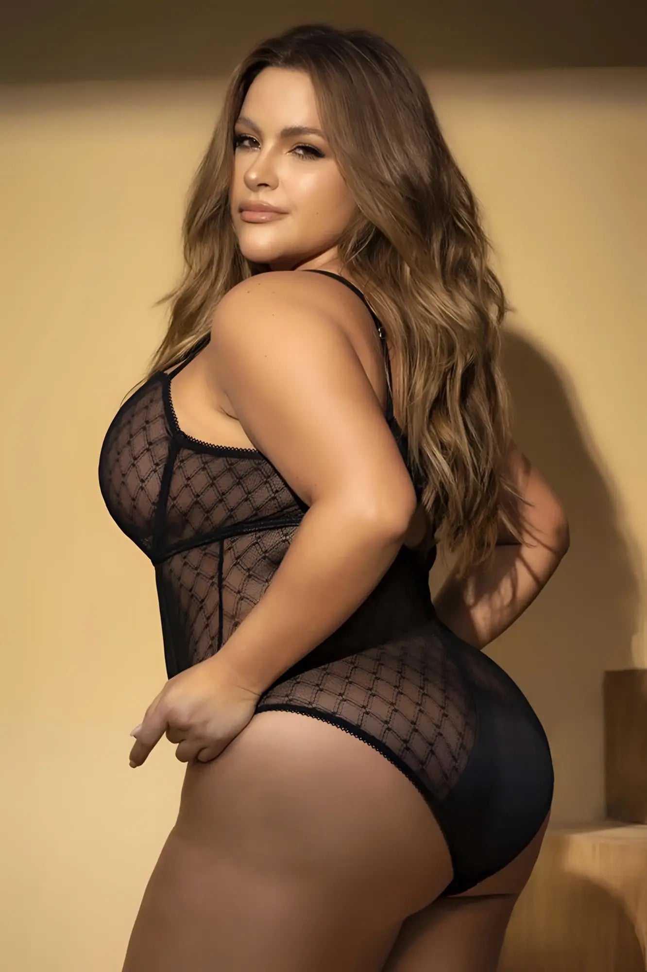 Black mesh bodysuit by mapale with lattice pattern and thin straps in black for stylish lingerie look