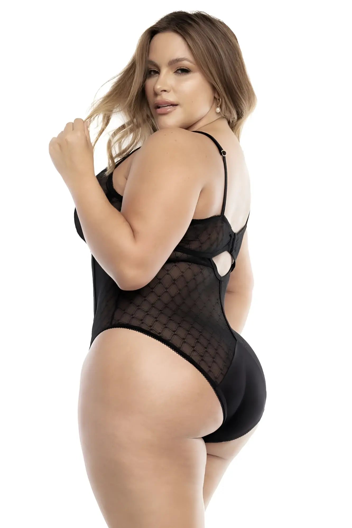 Black mesh bodysuit with solid black back panel and adjustable straps shown from the back by Mapale 8781X