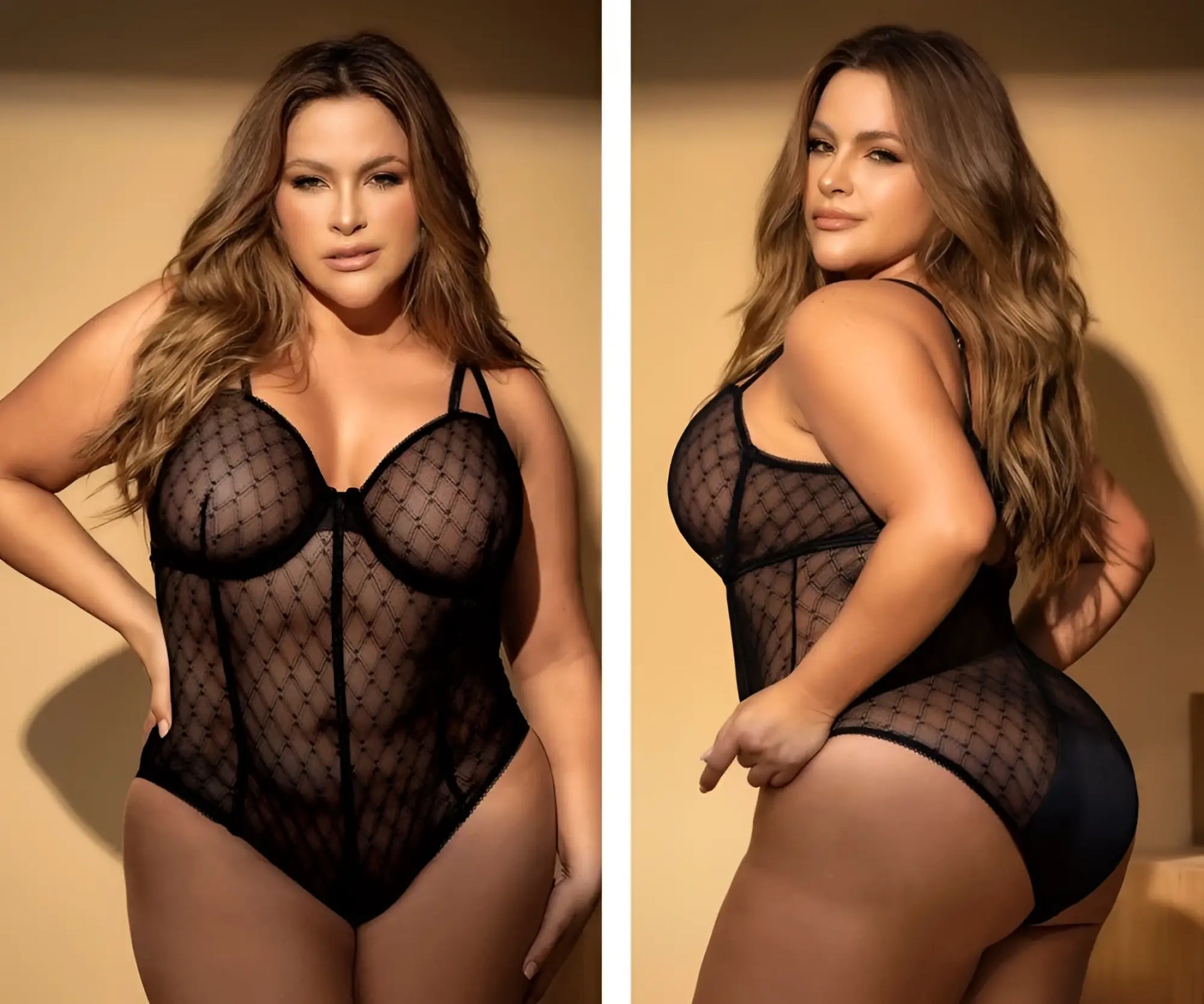 Black sheer mesh bodysuit mapale 8781x with diamond pattern and lace trim in black color