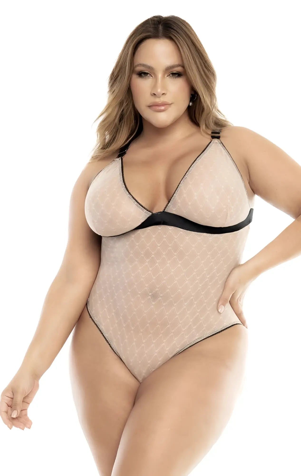 Beige Mapale 8782X sheer bodysuit with black trim and subtle dot pattern in nude black color