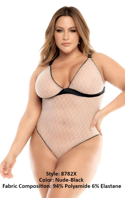 Mapale 8782X bodysuit in nude and black mesh with a subtle diamond pattern showcasing a stylish design