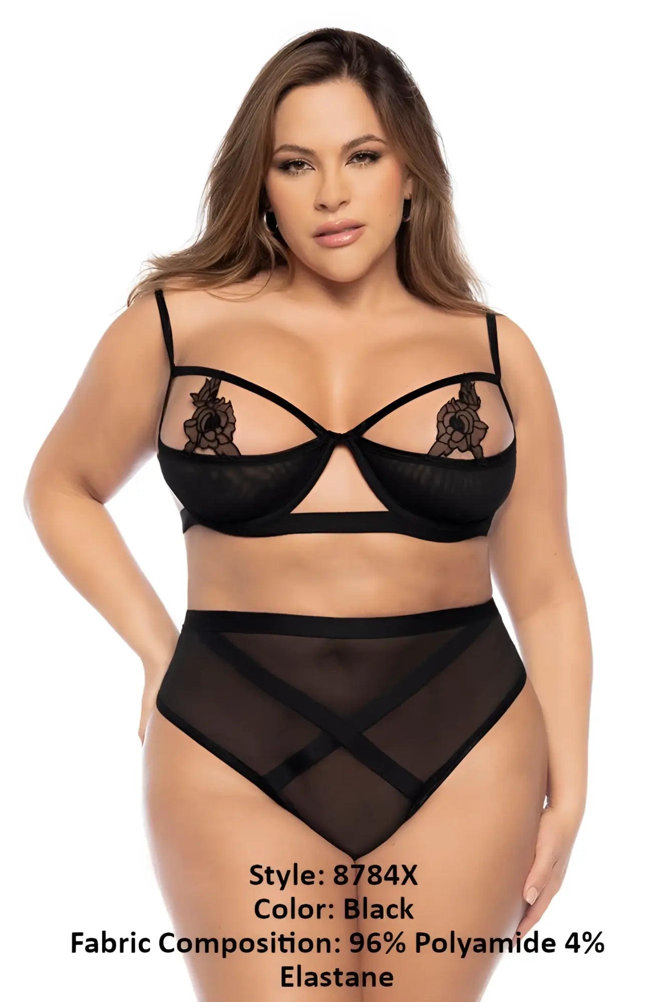 Black lace Mapale 8784X two piece set featuring intricate floral embroidery and sheer mesh design in black color