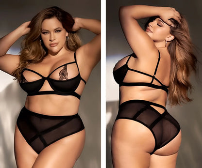 Black lace and mesh lingerie set with crisscross straps and floral appliqué on the bust by Mapale 8784X in black