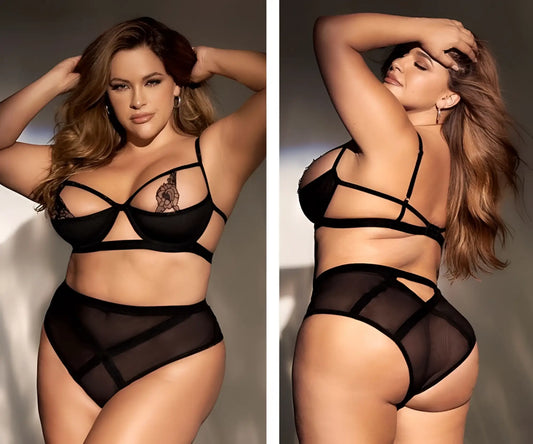 Black lace and mesh lingerie set with crisscross straps and floral appliqué on the bust by Mapale 8784X in black