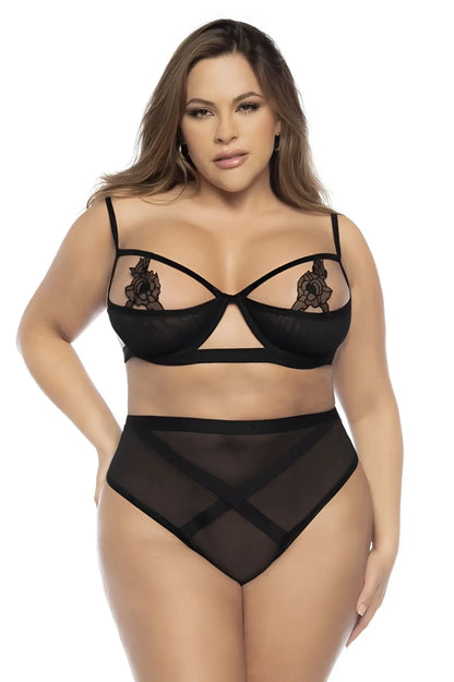 Black sheer lace lingerie set by Mapale with floral embroidered bra cups and crisscross high-waisted bottoms