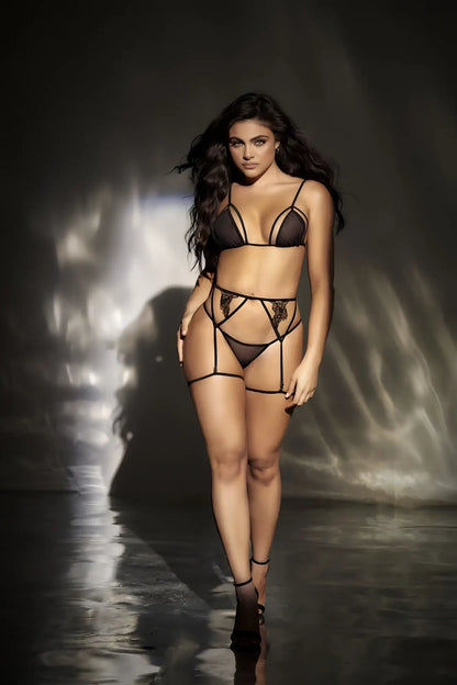 Black lace lingerie three piece set by Mapale featuring intricate floral detailing and strappy form-fitting design
