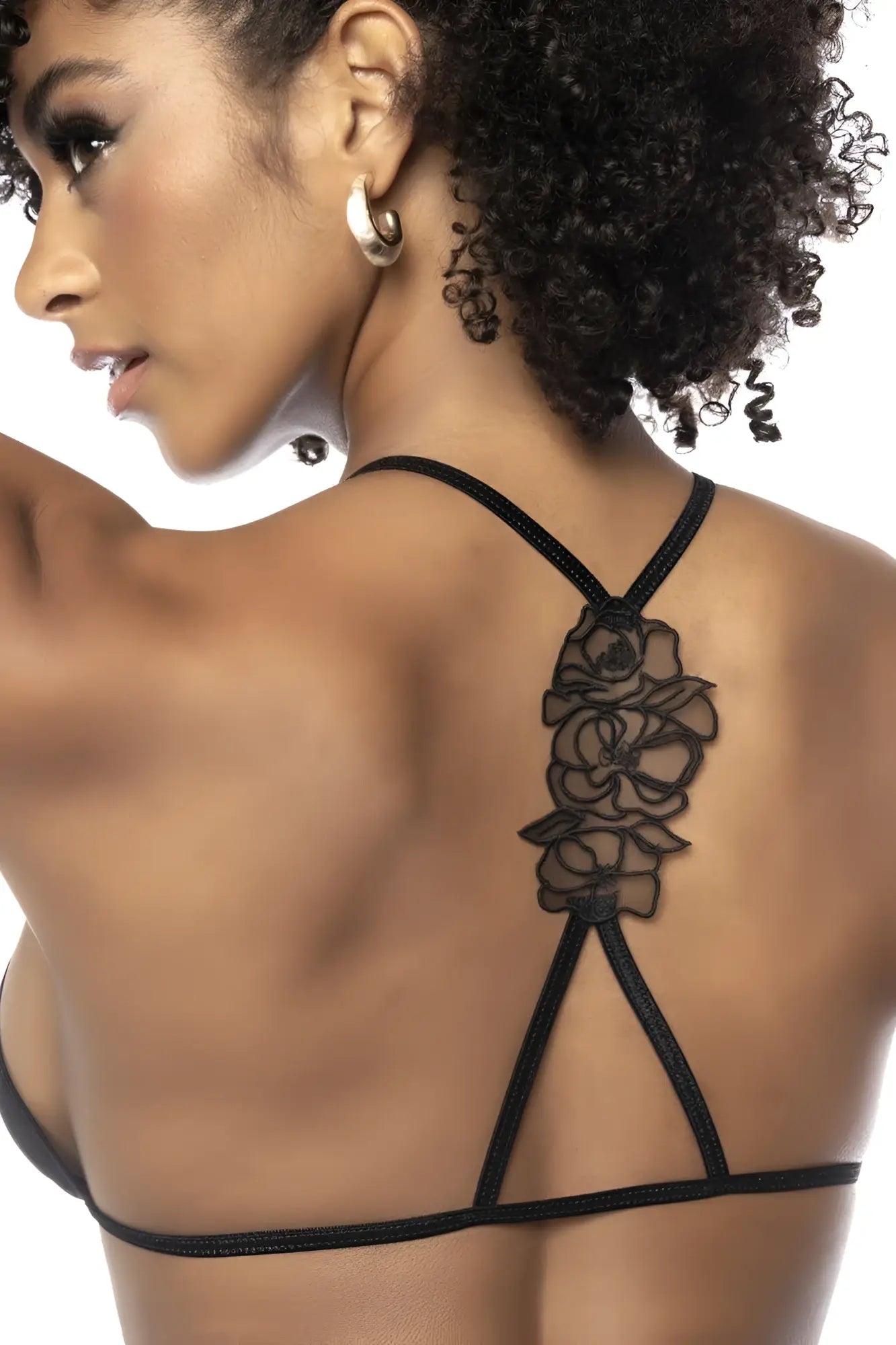 Black lace floral back strap bra with delicate rose detailing from mapale 8786 three piece set color black showing back side