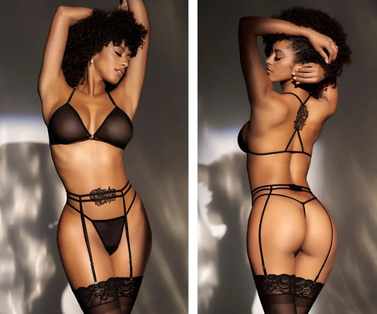Black lace-trimmed sheer lingerie three piece set by mapale with floral detailing and adjustable straps in black