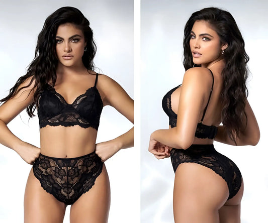 Black lace lingerie set mapale 8796 two piece set with intricate floral patterns and thin spaghetti straps