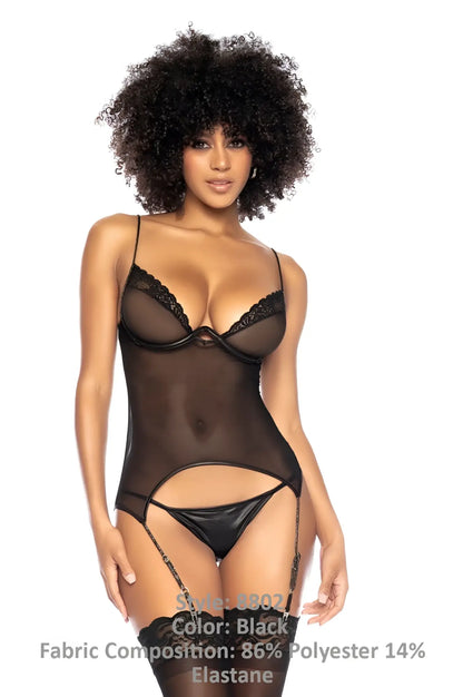 Black sheer Mapale 8802 two piece set bodysuit with lace trim and matching garter belt