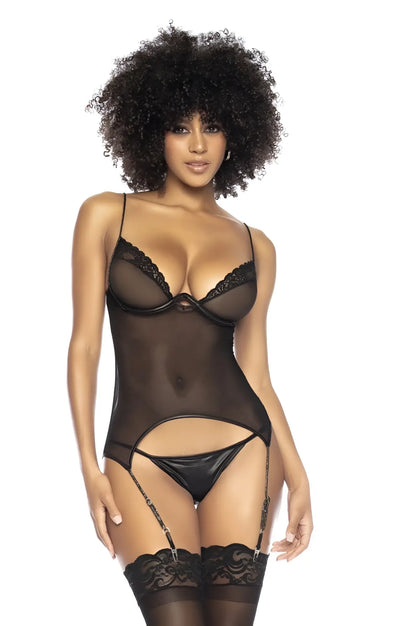 Black sheer bodysuit with lace trim and adjustable straps paired with matching black leather thong by mapale 8802