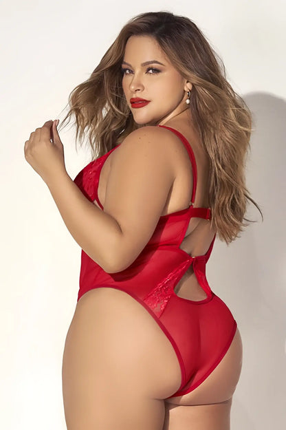 Red lace teddy with sheer mesh panels and back tie detail in color red by Mapale 8814X shown from the back