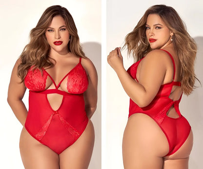 Red lace bodysuit with sheer mesh panels and cutout details from mapale 8814x teddy in red color