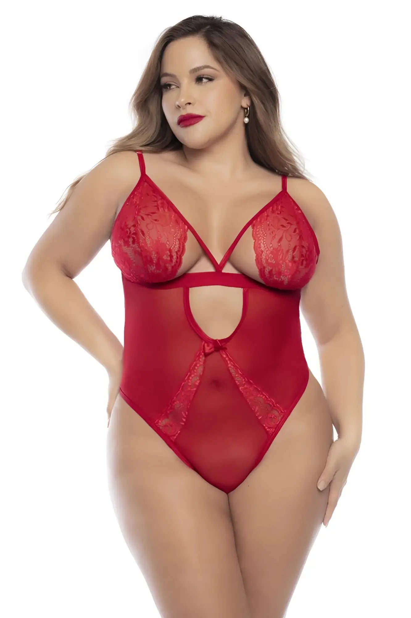 Mapale 8814x red teddy lace bodysuit with sheer mesh panels and central bow detail in vibrant red color