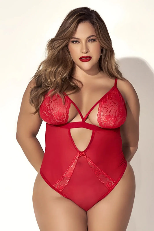 Red lace teddy with sheer mesh panels and intricate floral embroidery by mapale model 8814x in red color