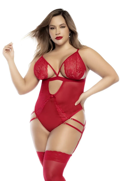 Red lace and mesh teddy with adjustable straps and thigh ties in red from mapale 8814x collection
