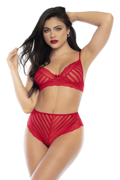 Red lace bra and matching high-waisted panties with diagonal sheer mesh panels from mapale 8815 two piece set color red