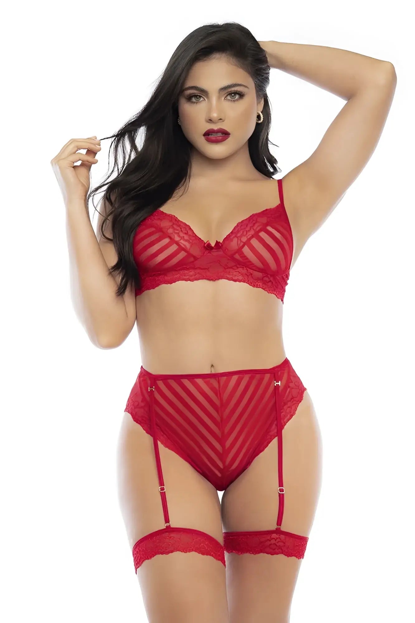 Red lace lingerie two piece set with sheer mesh panels and garter straps in color red by Mapale 8815