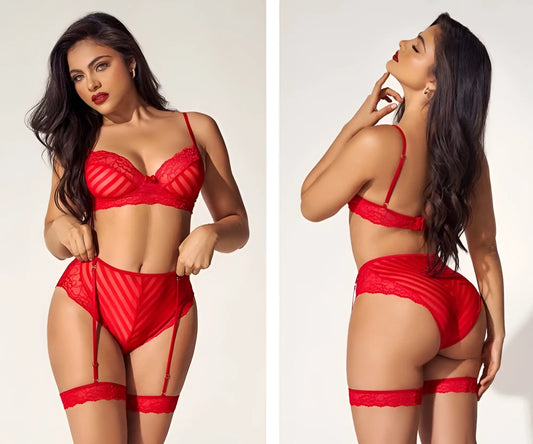 Red lace lingerie two piece set with striped pattern and matching garter belt by Mapale 8815 in red