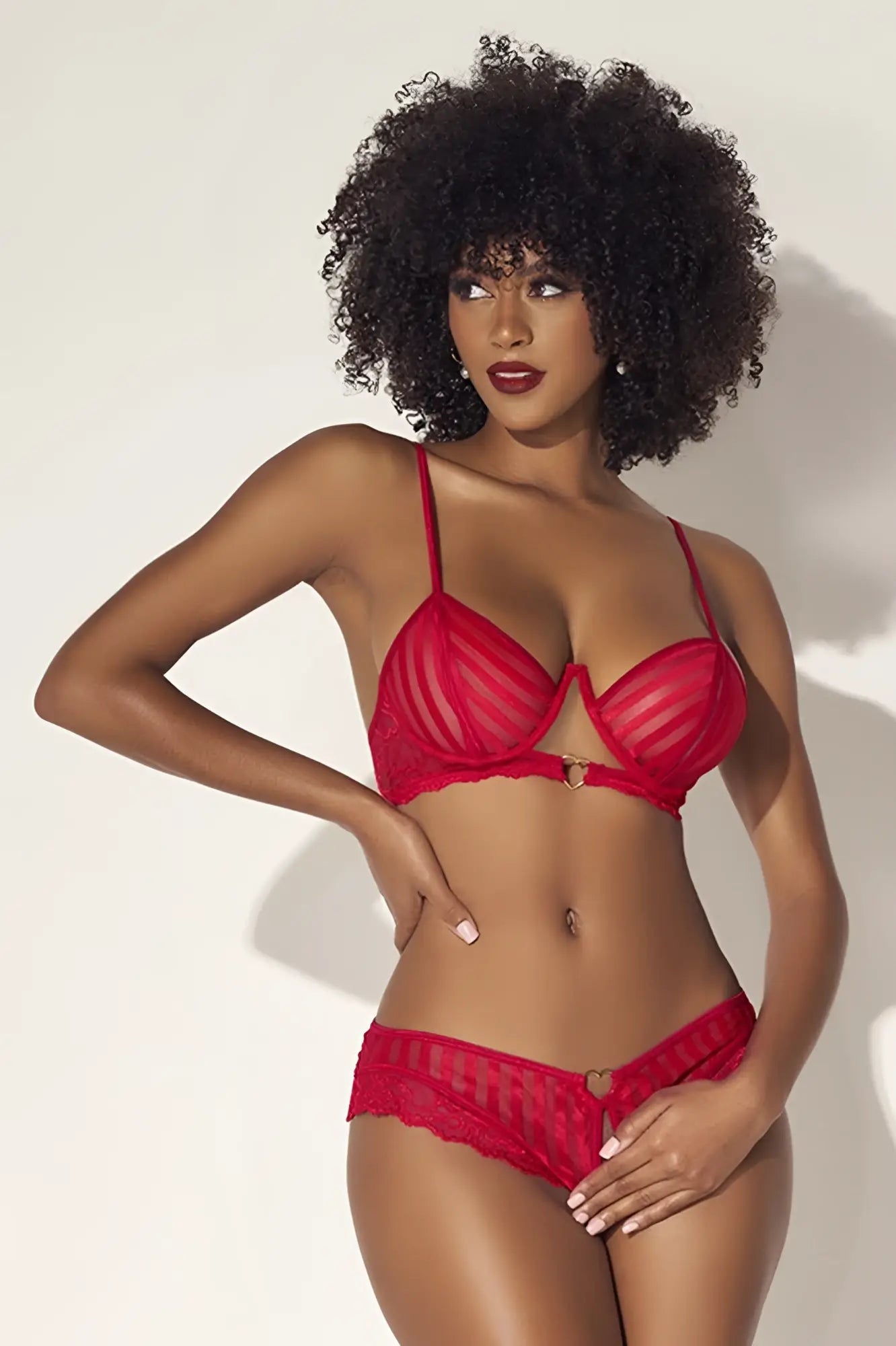 Red lace bra and matching panties set with thin straps and heart-shaped metal clasp by mapale 8816 in red