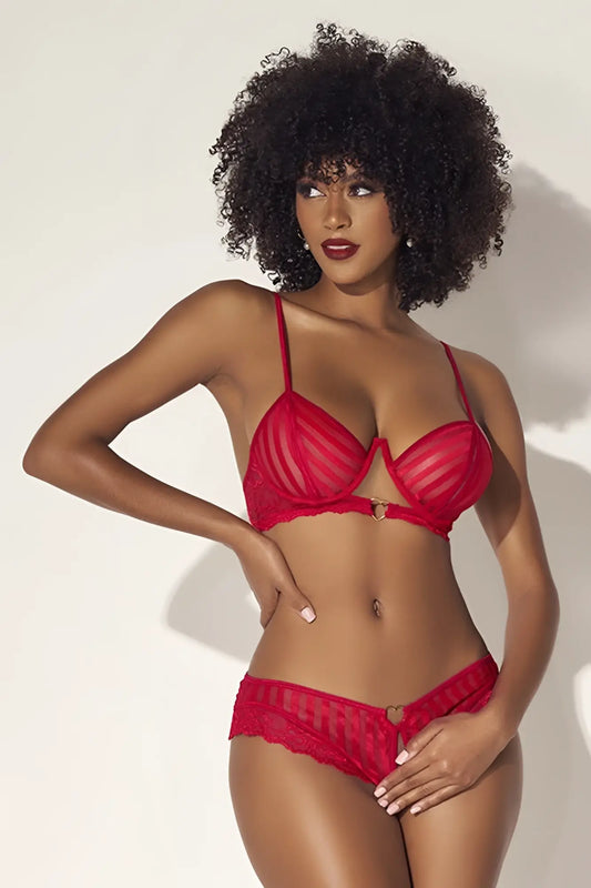 Red lace bra and matching panties set with thin straps and heart-shaped metal clasp by mapale 8816 in red