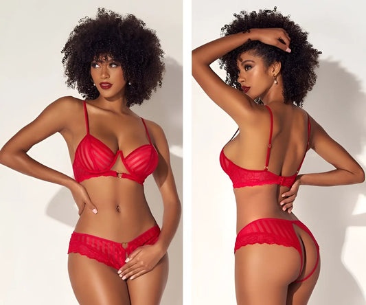 Red lace lingerie set mapale 8816 with thin straps bra and matching thong featuring delicate floral patterns