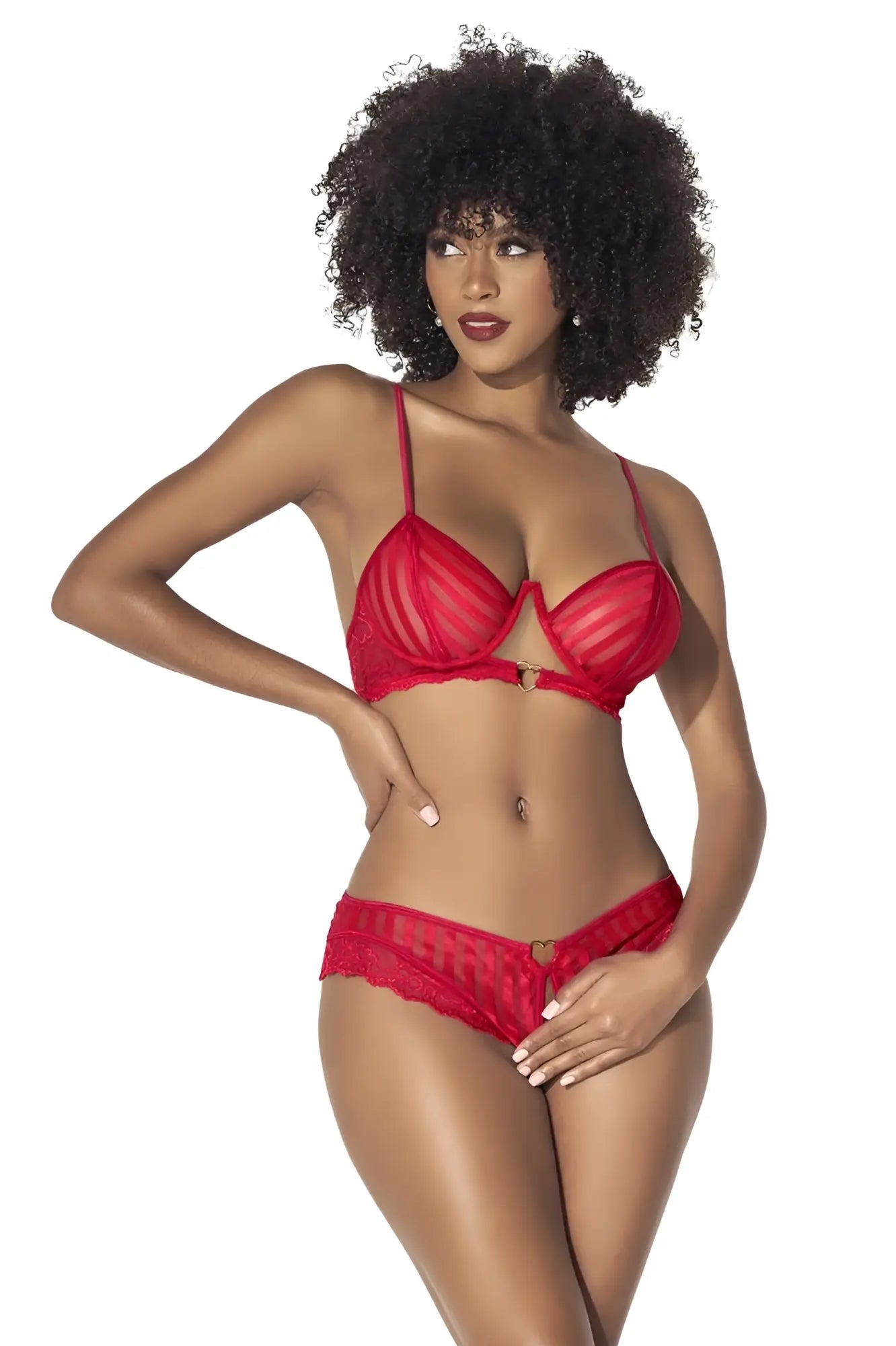Red lace lingerie two piece set by mapale 8816 with thin straps and central metallic clasp in red color