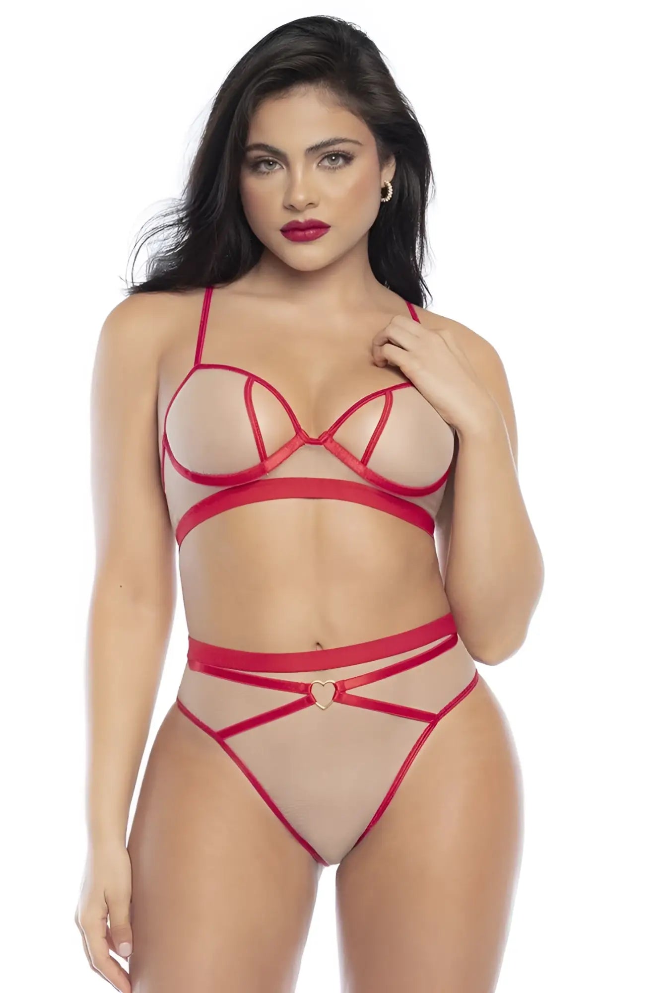 Red lace lingerie two piece set by mapale with sheer mesh panels and heart shaped clasp in nude red color