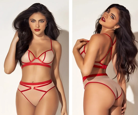 Mapale 8820 two piece set in nude red red lace lingerie with sheer mesh panels and bold red straps