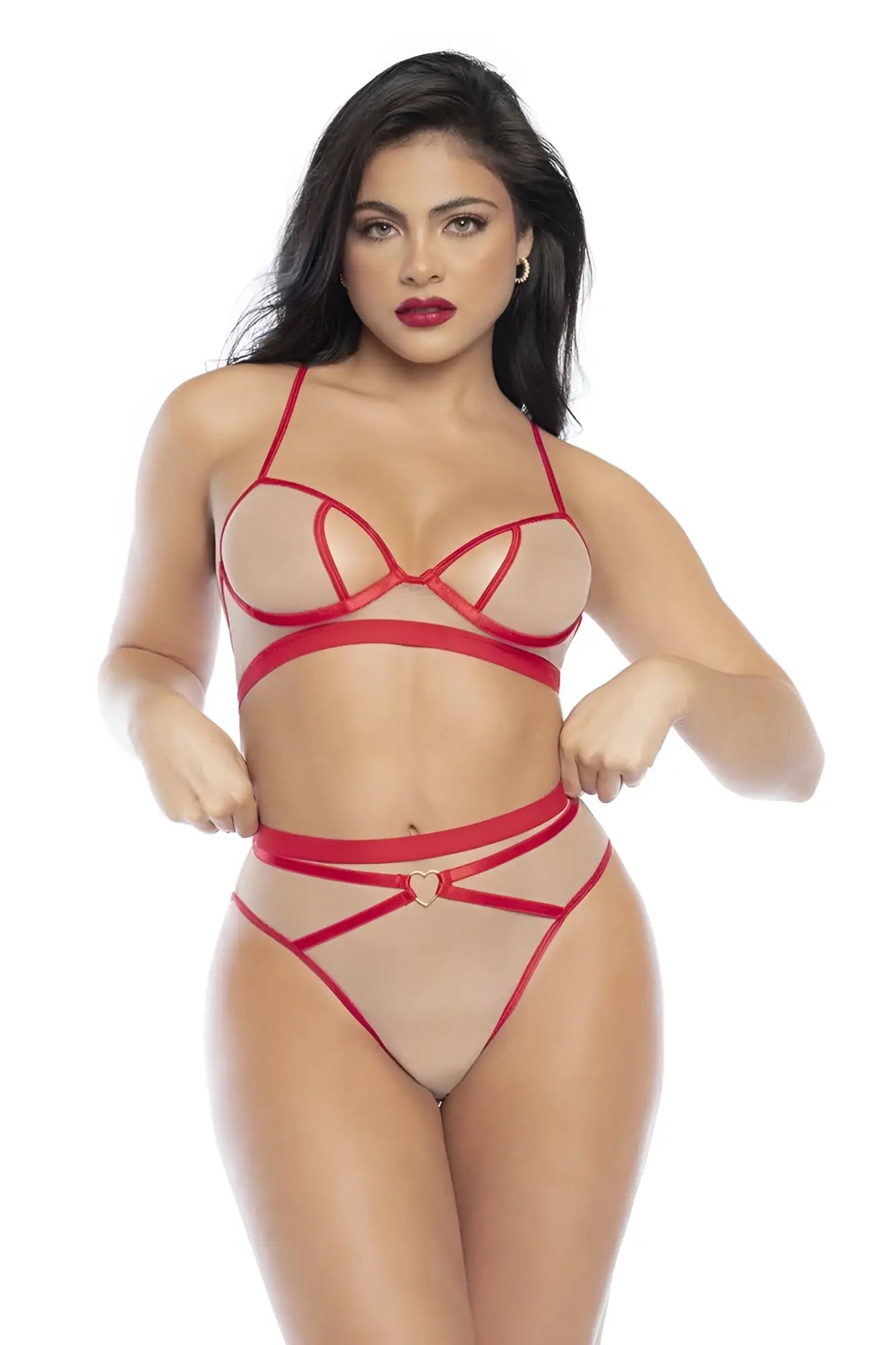Mapale 8820 two piece red lace lingerie set with sheer mesh panels and heart-shaped clasp in nude-red color