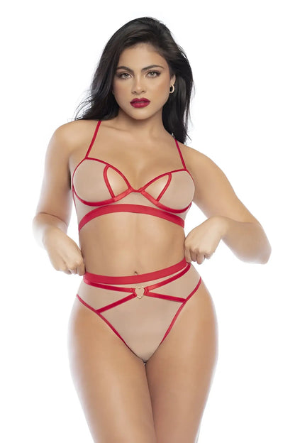 Mapale 8820 two piece red lace lingerie set with sheer mesh panels and heart-shaped clasp in nude-red color