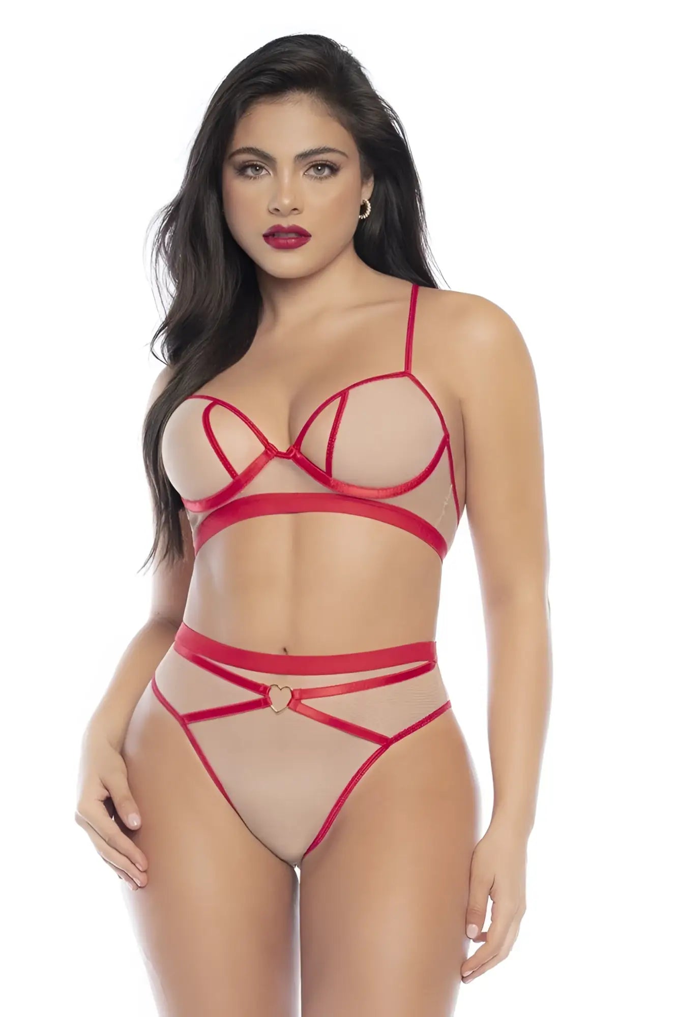 Mapale 8820 two piece set with red sheer mesh lingerie and heart shaped clasp at the waistband