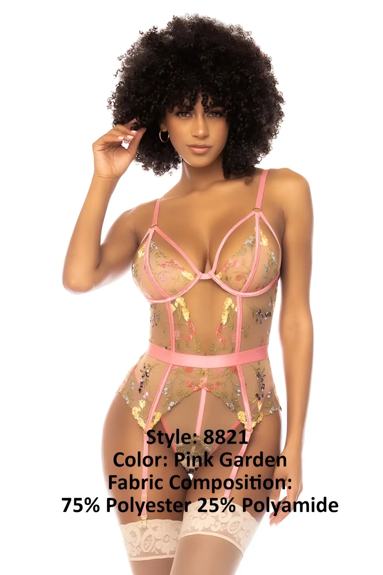Pink garden lace bodysuit with gold floral embroidery and pink straps from mapale 8821 sydney collection