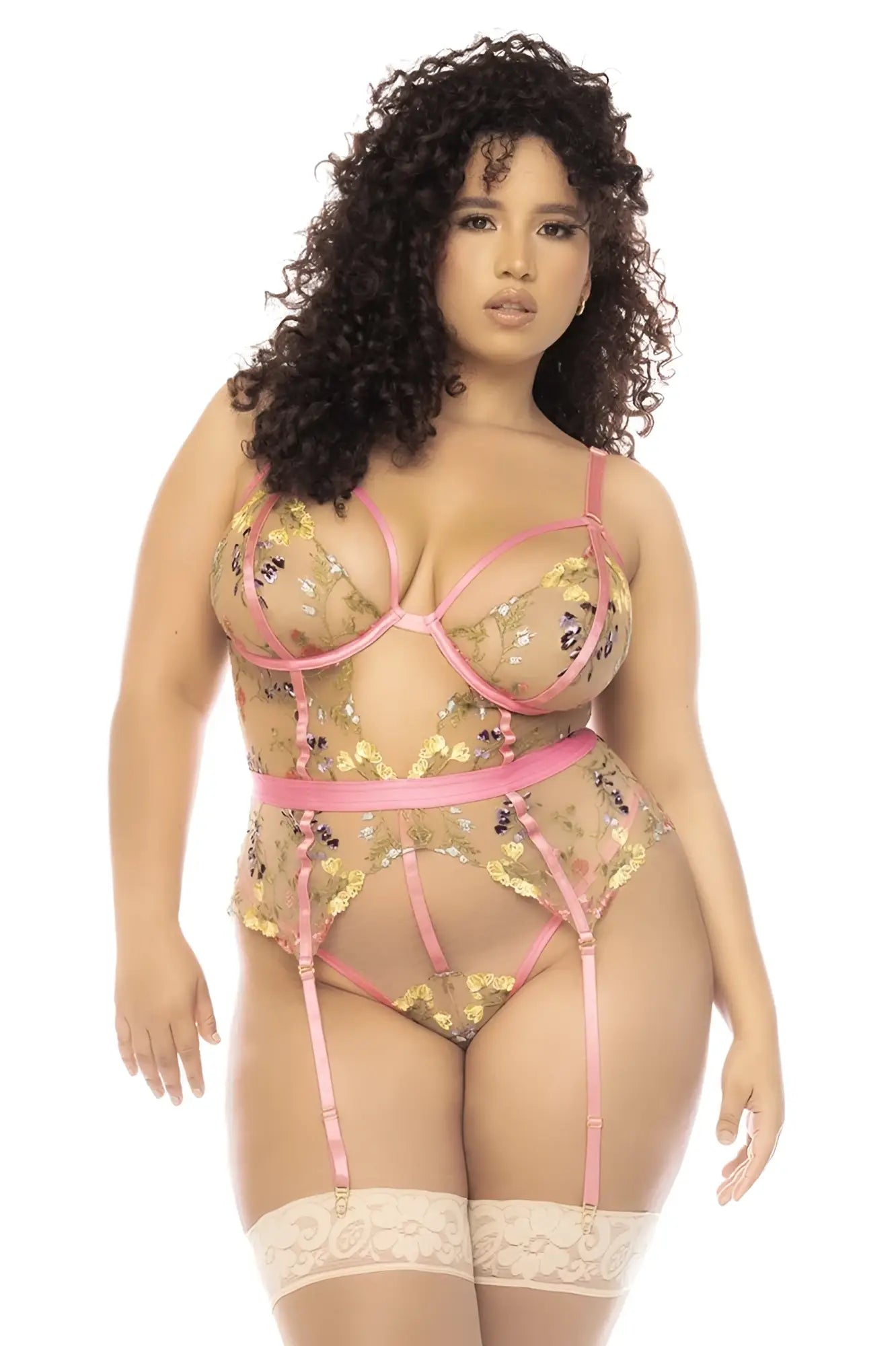 Pink and gold floral lace lingerie set with matching suspenders featuring mapale 8821x sydney bodysuit in pink garden