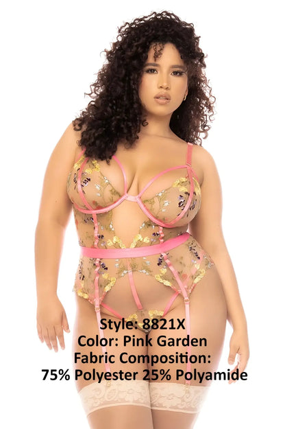 Pink garden lingerie set by mapale featuring sheer mesh fabric with gold floral embroidery and pink satin straps